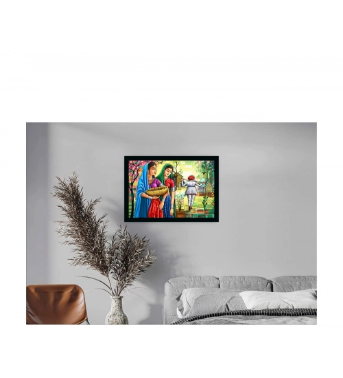 Rajasthani Village Modern Art Painting with Synthetic Photo Frame (Multicolor)