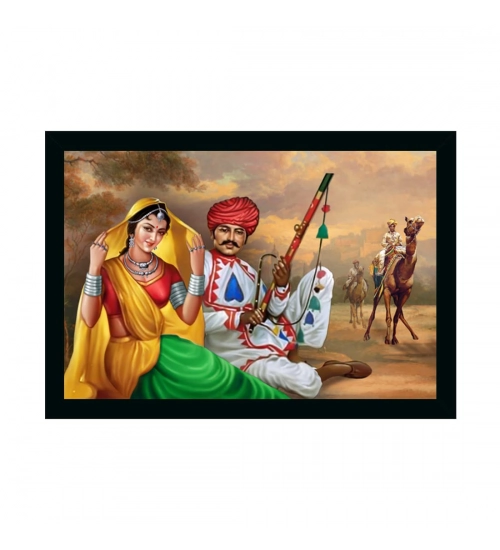 Rajasthani Village Modern Ar Painting with Synthetic Photo Frame (Multicolor)