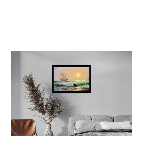 Boat Painting Painting with Synthetic Photo Frame (Multicolor)