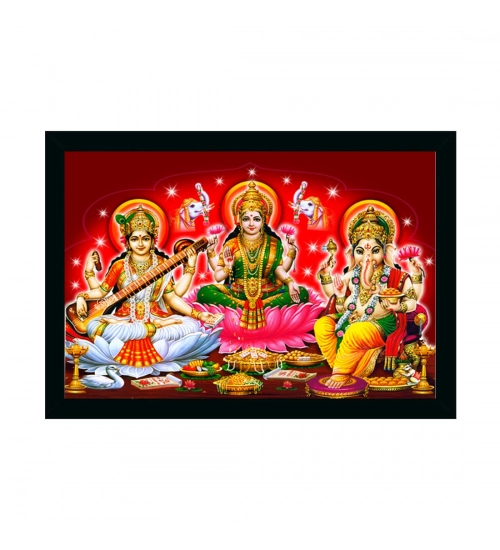 Laxmi Ganesh Saraswati Painting with Synthetic Photo Frame (Multicolor)