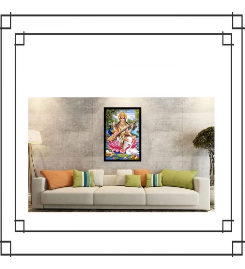 Saraswati Maa Painting with Synthetic Photo Frame (Multicolor)