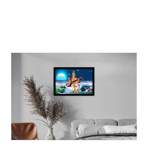 Saraswati Maa Painting with Synthetic Photo Frame (Multicolor)