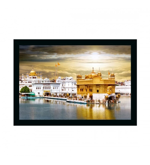 Golden Temple Painting with Synthetic Photo Frame (Multicolor)