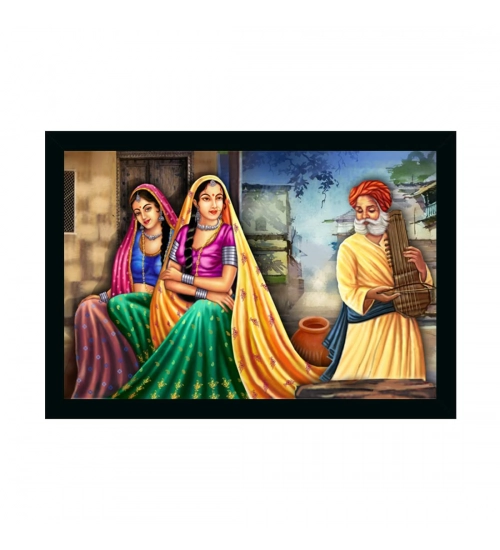 Rajasthani Village Modern Art Painting with Synthetic Photo Frame (Multicolor)