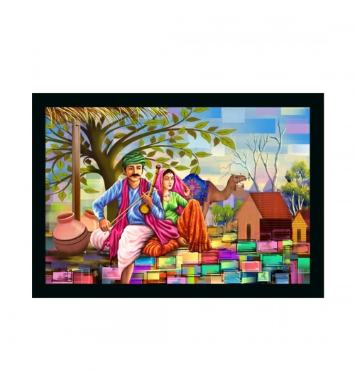 Rajasthani Village Modern Art Painting with Synthetic Photo Frame (Multicolor)