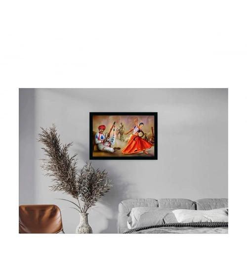 Rajasthani Village Modern Art Painting with Synthetic Photo Frame (Multicolor)