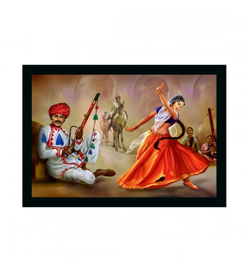 Rajasthani Village Modern Art Painting with Synthetic Photo Frame (Multicolor)
