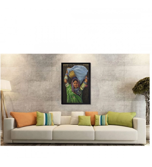 Lady Modern Art Painting with Synthetic Photo Frame (Multicolor)