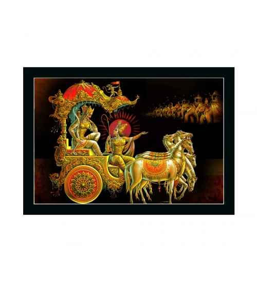 Krishna Arjun Mahabharat Rath Painting with Synthetic Photo Frame (Multicolor)