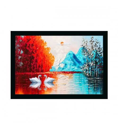 Swan Natural Painting with Synthetic Photo Frame (Multicolor)