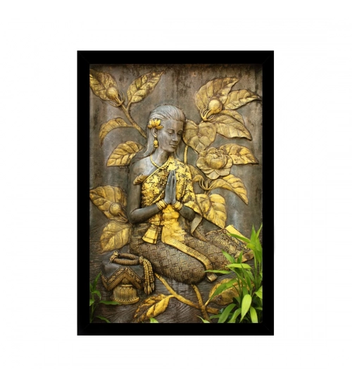 Welcome Lady Painting with Synthetic Photo Frame (Multicolor)