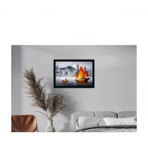 Generic Boat Painting Painting with Synthetic Photo Frame (Multicolor)