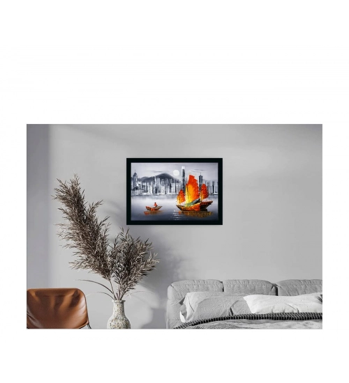 Boat Painting Painting with Synthetic Photo Frame (Multicolor)