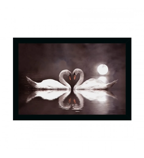 Swan Pair Painting with Synthetic Photo Frame (Multicolor)