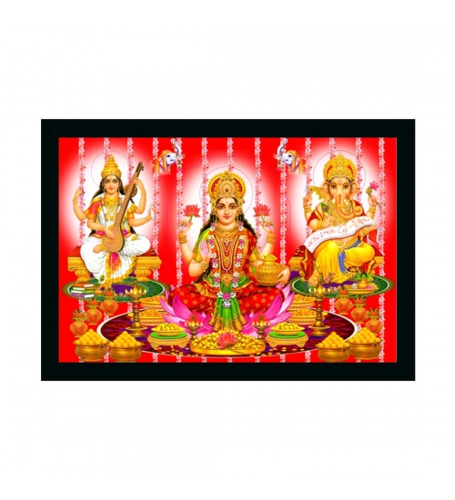 Laxmi Ganesh Saraswati Painting with Synthetic Photo Frame (Multicolor)