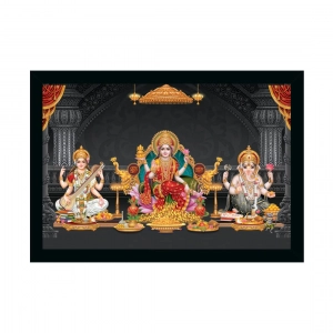 Generic Maa Laxmi Goddess Ganesh & Maa Saraswati Painting with Synthetic Photo Frame (Multicolor)