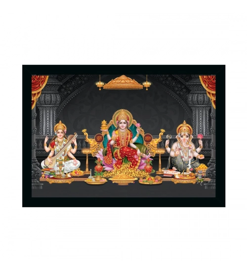 Maa Laxmi Goddess Ganesh & Maa Saraswati Painting with Synthetic Photo Frame (Multicolor)