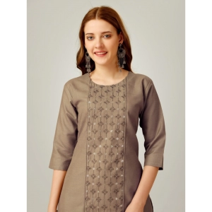 Generic Women's Casual 3-4 th Sleeve Embroidery Cotton Kurti Pant Set (Beige)