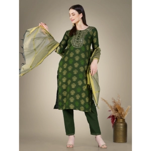 Generic Women's Casual 3-4 th Sleeve Embroidery Cotton Kurti Pant Dupatta Set (Dark Green)