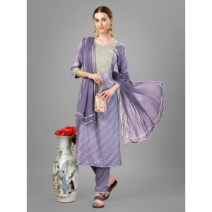 Generic Women's Casual 3-4 th Sleeve Embroidery Silk Blend Kurti Pant Dupatta Set (Lavender)
