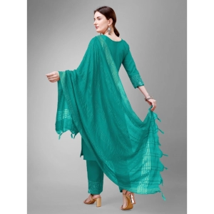 Generic Women's Casual 3-4 th Sleeve Embroidery Cotton Kurti Pant Dupatta Set (Rama)