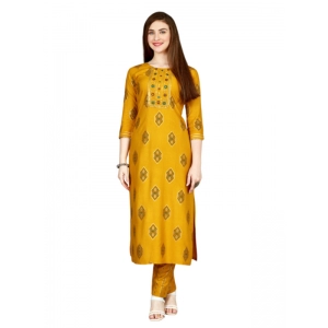 Generic Women's Casual 3-4 th Sleeve Embroidery Rayon Kurti Pant Set (Yellow)