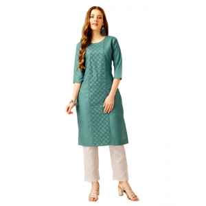 Generic Women's Casual 3-4 th Sleeve Embroidery Cotton Kurti Pant Set (Green)