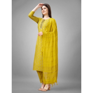 Generic Women's Casual 3-4 th Sleeve Embroidery Rayon Kurti Pant Dupatta Set (Yellow)