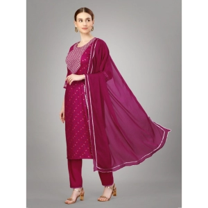 Generic Women's Casual 3-4 th Sleeve Embroidery Silk Blend Kurti Pant Dupatta Set (Rani)
