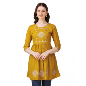 Generic Women's Casual 3-4 th Sleeve Embroidered Rayon Tunic Top (Mustard)