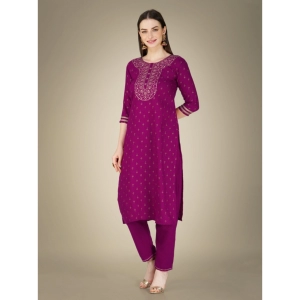 Generic Women's Casual 3-4 th Sleeve Embroidery Cotton Kurti Pant Dupatta Set (Purple)