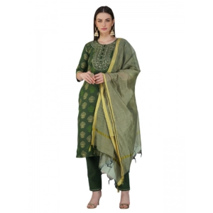 Generic Women's Casual 3-4 th Sleeve Embroidery Cotton Kurti Pant Dupatta Set (Dark Green)