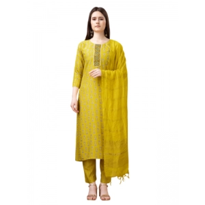 Generic Women's Casual 3-4 th Sleeve Embroidery Rayon Kurti Pant Dupatta Set (Yellow)