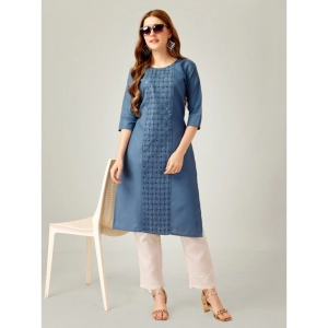 Generic Women's Casual 3-4 th Sleeve Embroidery Cotton Kurti Pant Set (Light Blue)