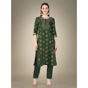 Generic Women's Casual 3-4 th Sleeve Embroidery Cotton Kurti Pant Dupatta Set (Dark Green)