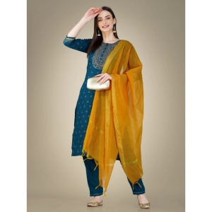 Generic Women's Casual 3-4 th Sleeve Embroidery Cotton Kurti Pant Dupatta Set (Blue )