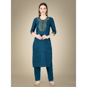 Generic Women's Casual 3-4 th Sleeve Embroidery Cotton Kurti Pant Dupatta Set (Blue )