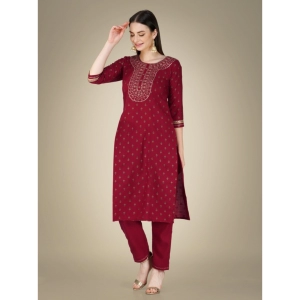 Generic Women's Casual 3-4 th Sleeve Embroidery Cotton Kurti Pant Dupatta Set (Maroon)