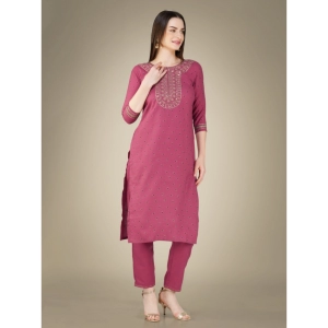 Generic Women's Casual 3-4 th Sleeve Embroidery Cotton Kurti Pant Dupatta Set (Wine)