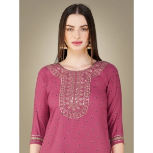 Generic Women's Casual 3-4 th Sleeve Embroidery Cotton Kurti Pant Dupatta Set (Wine)