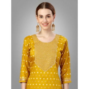 Generic Women's Casual 3-4 th Sleeve Embroidery Silk Blend Kurti Pant Dupatta Set (Golden)