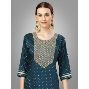 Generic Women's Casual 3-4 th Sleeve Embroidery Silk Blend Kurti Pant Dupatta Set (Blue)