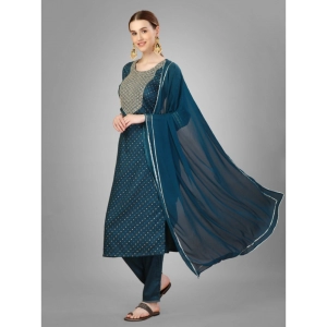 Generic Women's Casual 3-4 th Sleeve Embroidery Silk Blend Kurti Pant Dupatta Set (Blue)