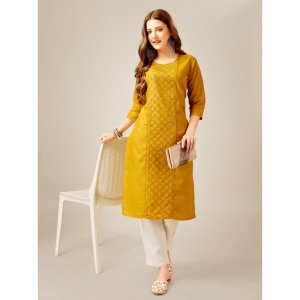 Generic Women's Casual 3-4 th Sleeve Embroidery Cotton Kurti Pant Set (Yellow)