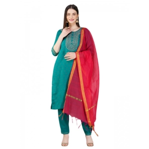 Generic Women's Casual 3-4 th Sleeve Embroidery Cotton Kurti Pant Dupatta Set (Light Green)