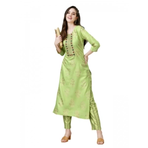 Generic Women's Casual 3-4 th Sleeve Embroidery Rayon Kurti Pant Set (Light Green)