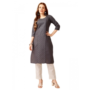 Generic Women's Casual 3-4 th Sleeve Embroidery Cotton Kurti Pant Set (Grey)