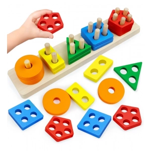 Generic Wooden  Sorting And Stacking Toys 5 Column Geometric Shape Puzzle Activity For Kids (Wood Color)