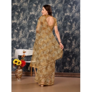 Generic Women's Linen Floral Printed Saree With Unstitched Blouse (Brown, 5-6 Mtrs)