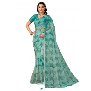 Generic Women's Linen Floral Printed Saree With Unstitched Blouse (Turquies Green, 5-6 Mtrs)